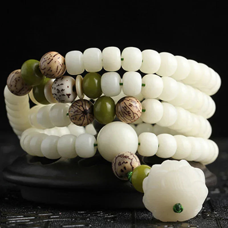 East Bless White Jade Bodhi Lotus Mala Harmony Necklace Bracelet – 108-Bead Buddhist Prayer Beads - EastBless