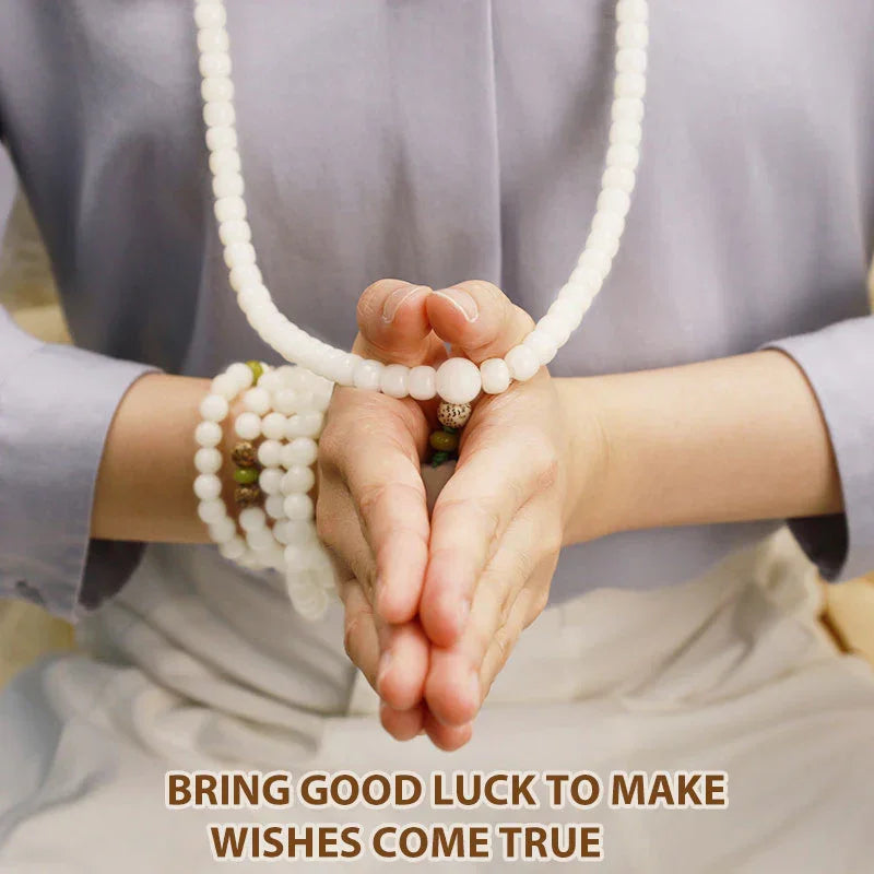East Bless White Jade Bodhi Lotus Mala Harmony Necklace Bracelet – 108-Bead Buddhist Prayer Beads - EastBless