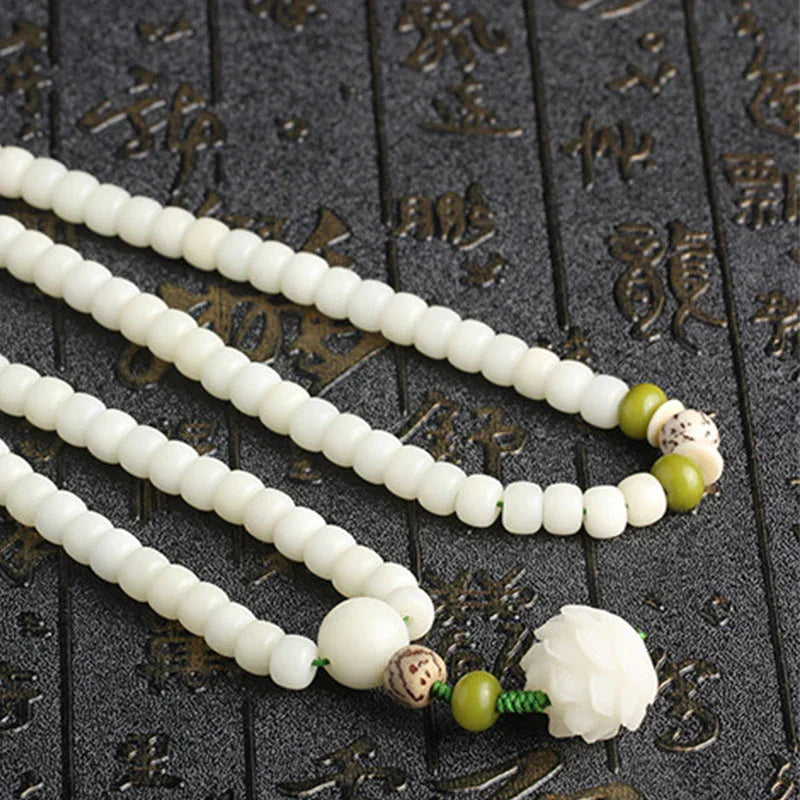 East Bless White Jade Bodhi Lotus Mala Harmony Necklace Bracelet – 108-Bead Buddhist Prayer Beads - EastBless