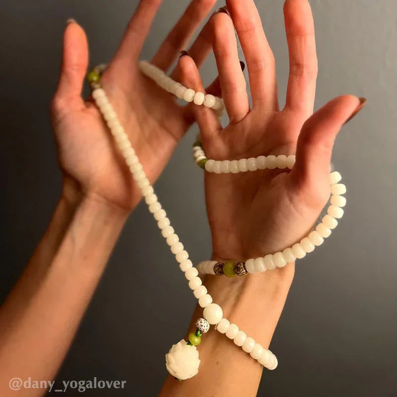 East Bless White Jade Bodhi Lotus Mala Harmony Necklace Bracelet – 108-Bead Buddhist Prayer Beads - EastBless
