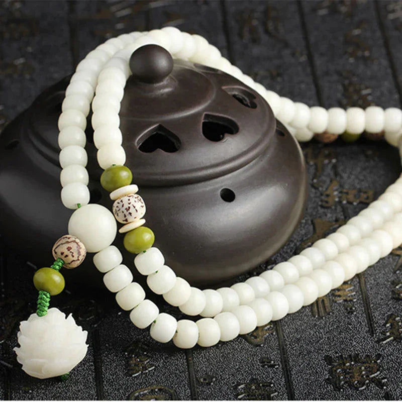 East Bless White Jade Bodhi Lotus Mala Harmony Necklace Bracelet – 108-Bead Buddhist Prayer Beads - EastBless