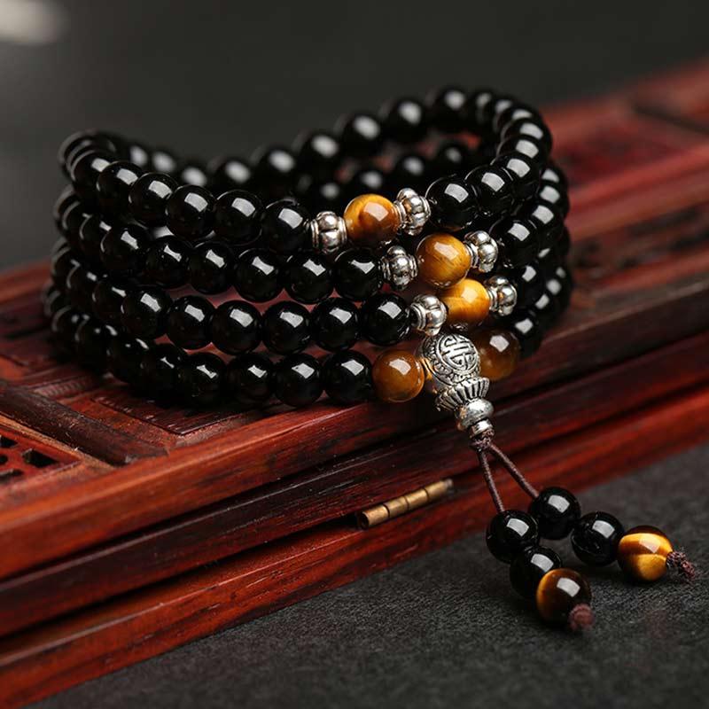 East Bless Black Obsidian Tiger Eye Blessing Mala Bracelet - EastBless