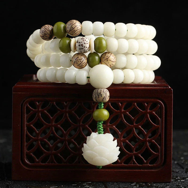 East Bless White Jade Bodhi Lotus Mala Harmony Necklace Bracelet – 108-Bead Buddhist Prayer Beads - EastBless