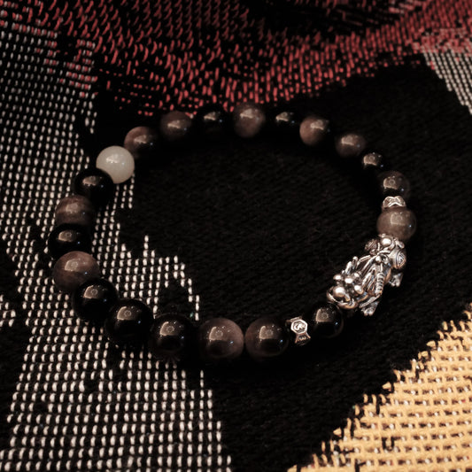Sterling Silver Pi Xiu & Black Obsidian Wealth Bracelet - EastBless