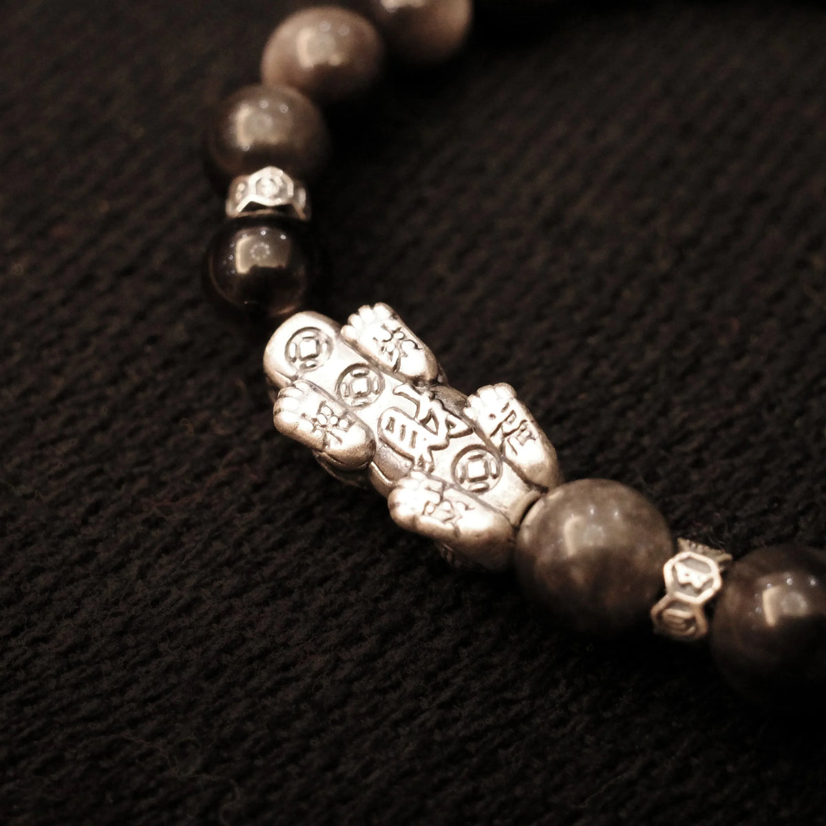 Sterling Silver Pi Xiu & Black Obsidian Wealth Bracelet - EastBless