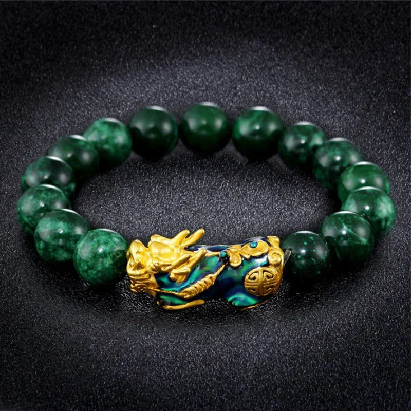 FengShui PiXiu Jade Protection Bracelet Sand-gold color-changing – green cyan jade beaded bracelet - EastBless
