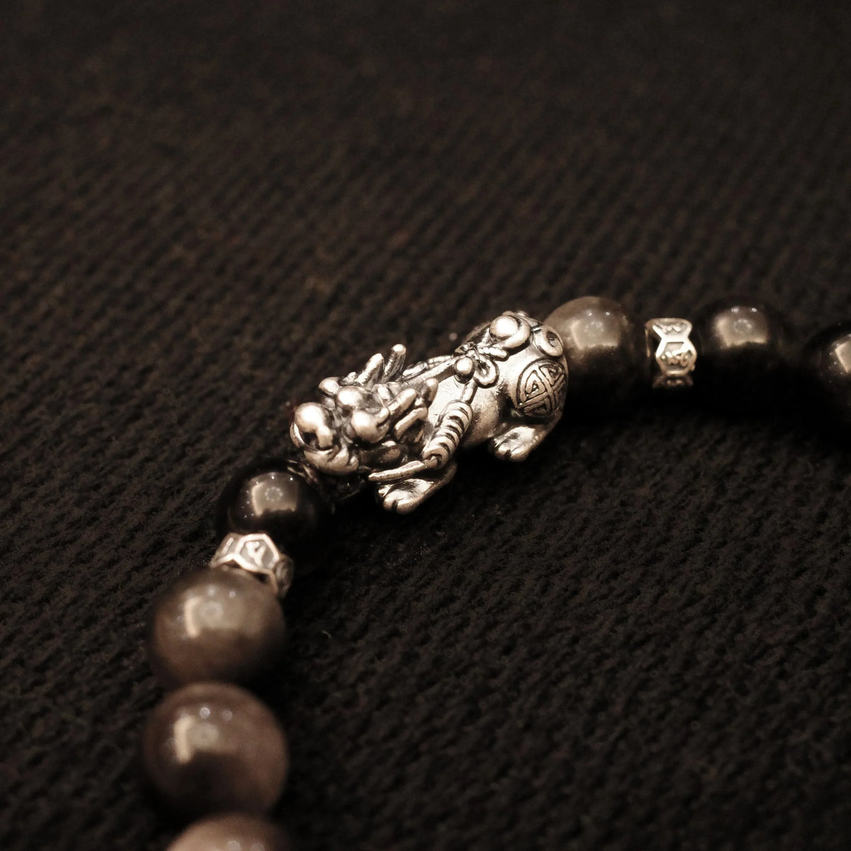 Sterling Silver Pi Xiu & Black Obsidian Wealth Bracelet - EastBless