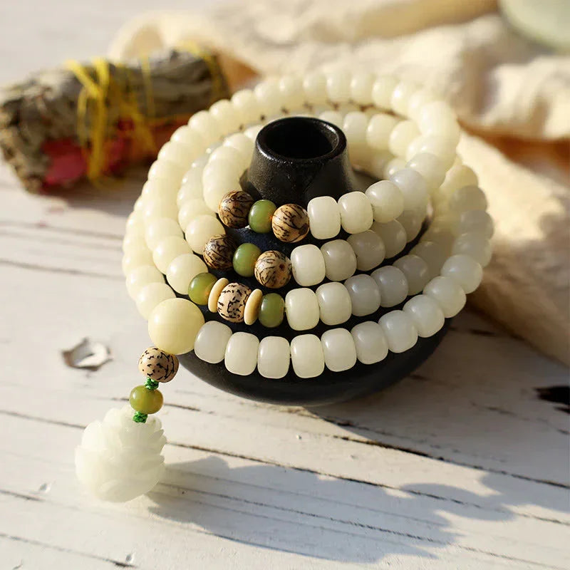 East Bless White Jade Bodhi Lotus Mala Harmony Necklace Bracelet – 108-Bead Buddhist Prayer Beads - EastBless