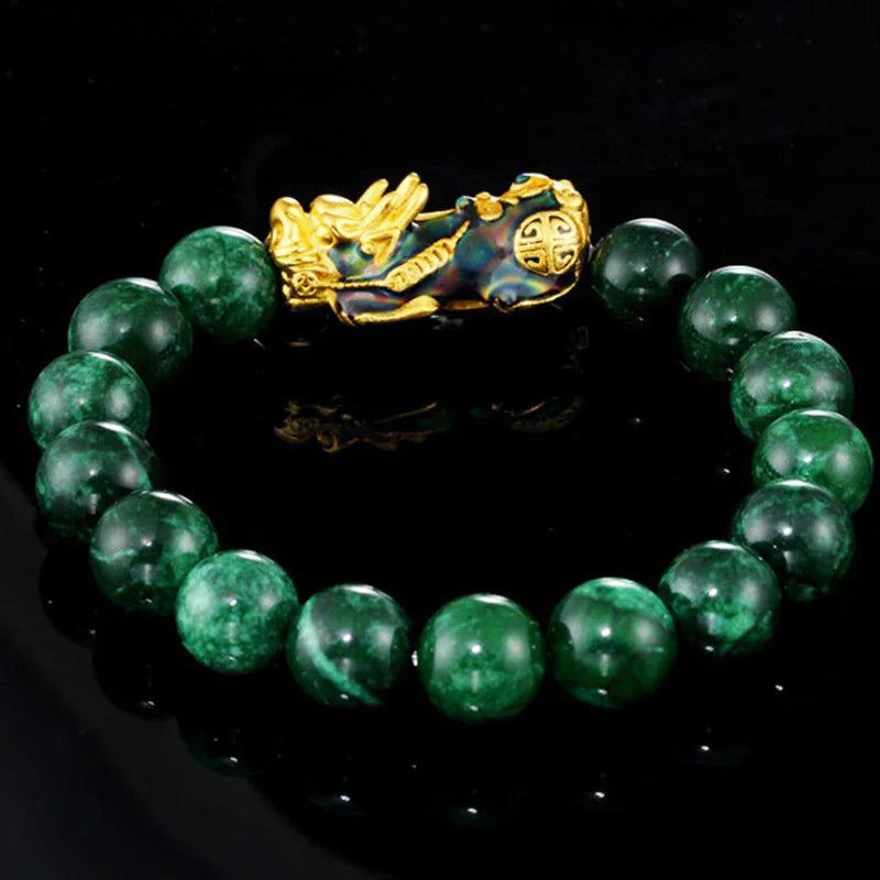 FengShui PiXiu Jade Protection Bracelet Sand-gold color-changing – green cyan jade beaded bracelet - EastBless
