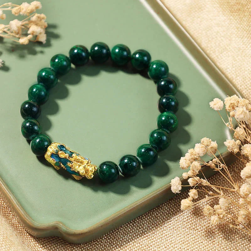 FengShui PiXiu Jade Protection Bracelet Sand-gold color-changing – green cyan jade beaded bracelet - EastBless