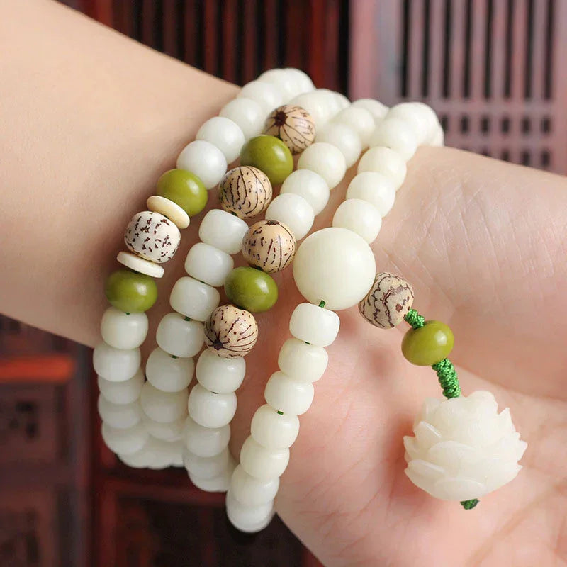 East Bless White Jade Bodhi Lotus Mala Harmony Necklace Bracelet – 108-Bead Buddhist Prayer Beads - EastBless