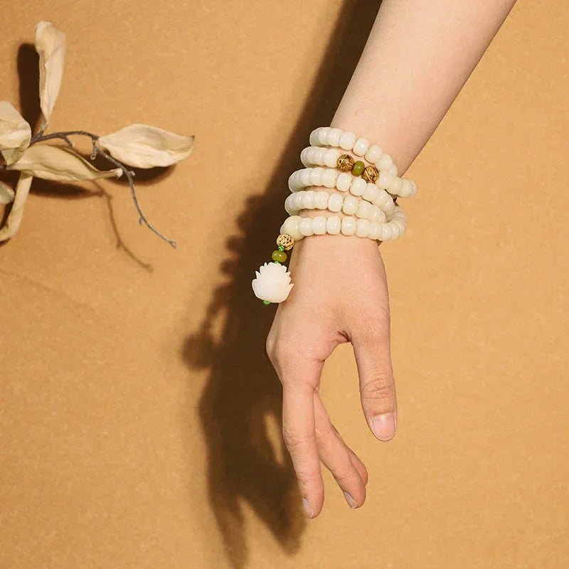 East Bless White Jade Bodhi Lotus Mala Harmony Necklace Bracelet – 108-Bead Buddhist Prayer Beads - EastBless
