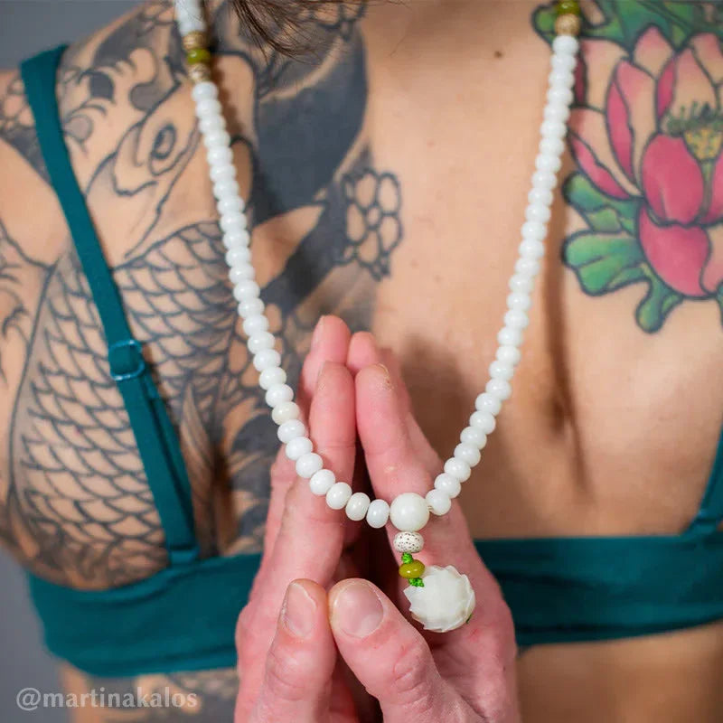East Bless White Jade Bodhi Lotus Mala Harmony Necklace Bracelet – 108-Bead Buddhist Prayer Beads - EastBless
