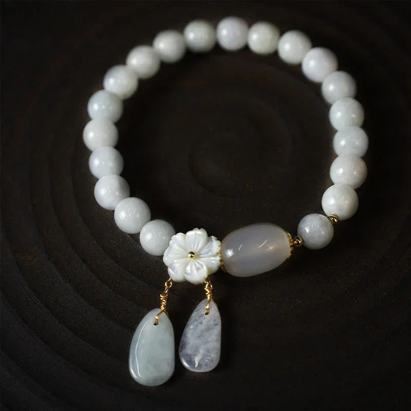 Natural jadeite bracelet for women – Natural White Jade Luck Bracelet shell flowers, fresh and artistic. - EastBless
