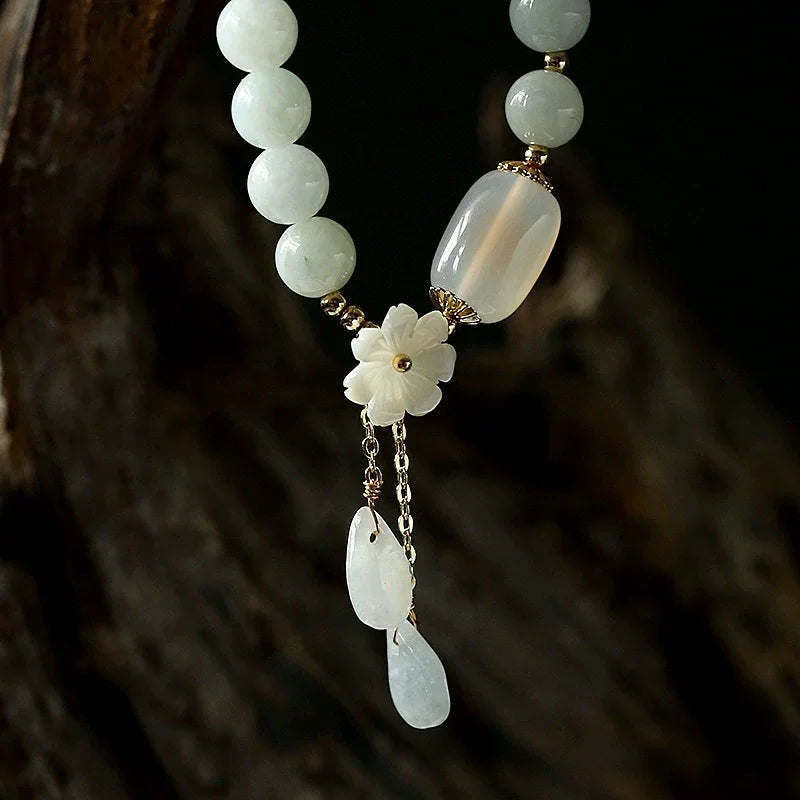 Natural jadeite bracelet for women – Natural White Jade Luck Bracelet shell flowers, fresh and artistic. - EastBless