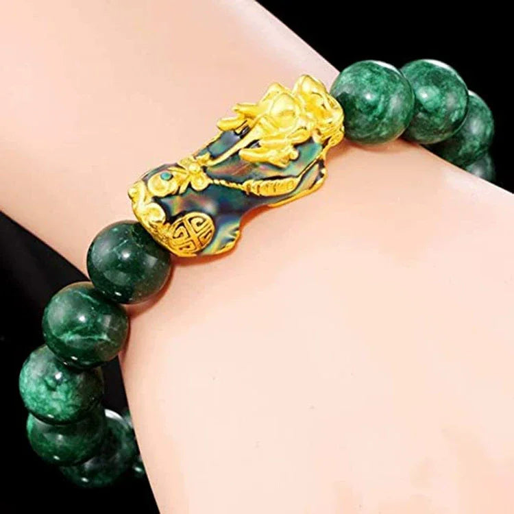 FengShui PiXiu Jade Protection Bracelet Sand-gold color-changing – green cyan jade beaded bracelet - EastBless