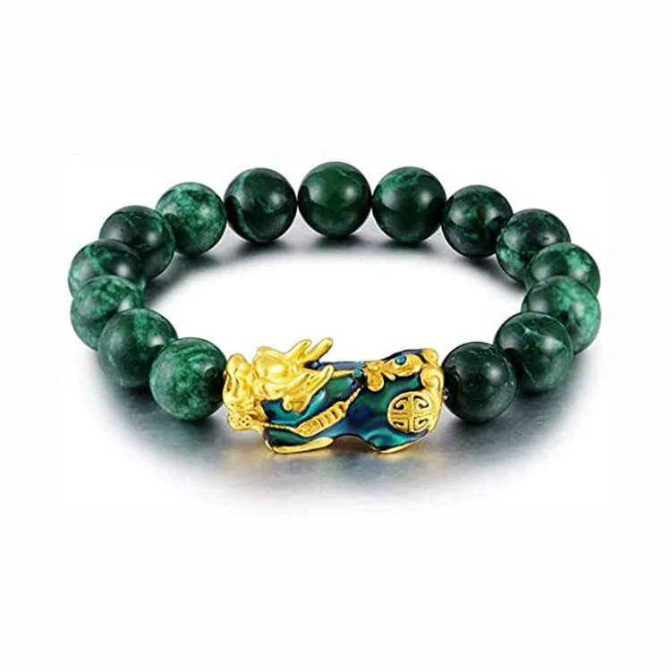 FengShui PiXiu Jade Protection Bracelet Sand-gold color-changing – green cyan jade beaded bracelet - EastBless