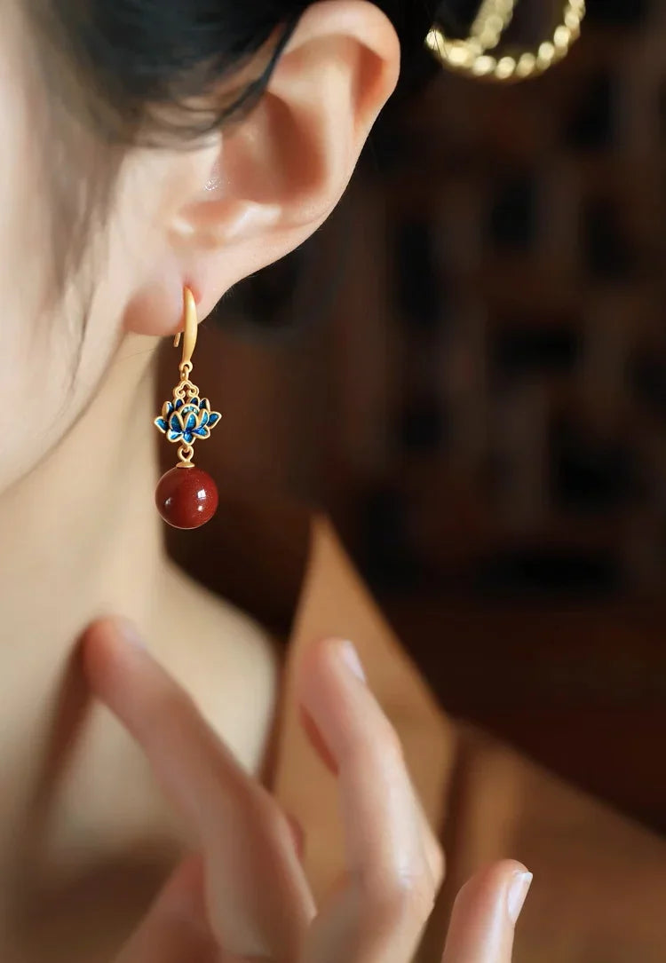 Buddha Lotus Zen Cinnabar Cloisonné Silver Earrings - EastBless