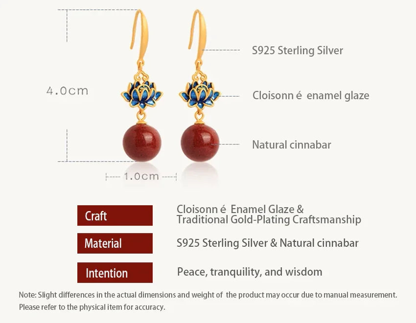 Buddha Lotus Zen Cinnabar Cloisonné Silver Earrings - EastBless