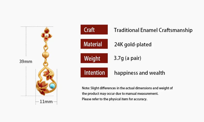 Handmade Cloisonné 925 Silver Gold-plated Gourd Earrings - Double Blessings of Fortune and Luck - EastBless