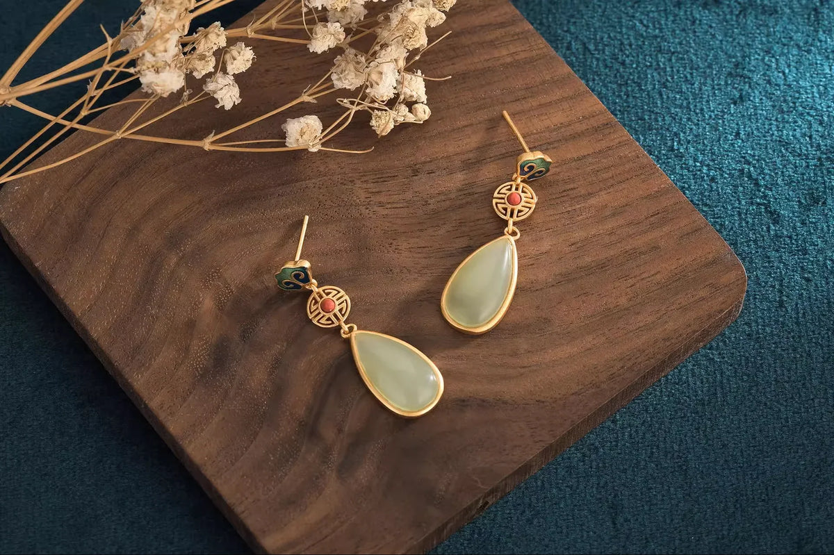 Buddhist Blessings Cloisonné Earrings - Cloud & Gem Gourd Charms - EastBless