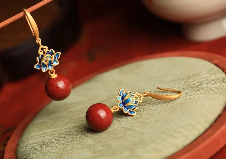 Buddha Lotus Zen Cinnabar Cloisonné Silver Earrings - EastBless