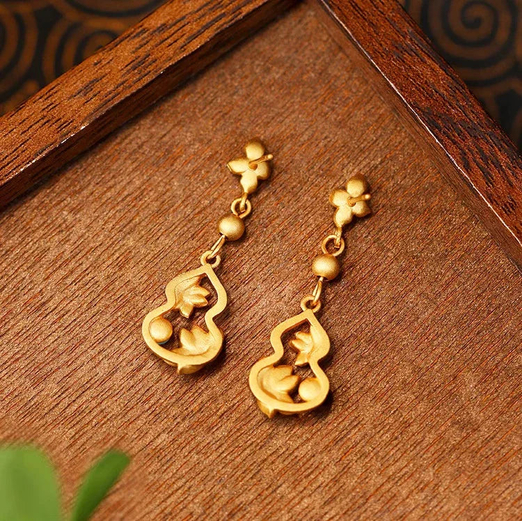 Handmade Cloisonné 925 Silver Gold-plated Gourd Earrings - Double Blessings of Fortune and Luck - EastBless