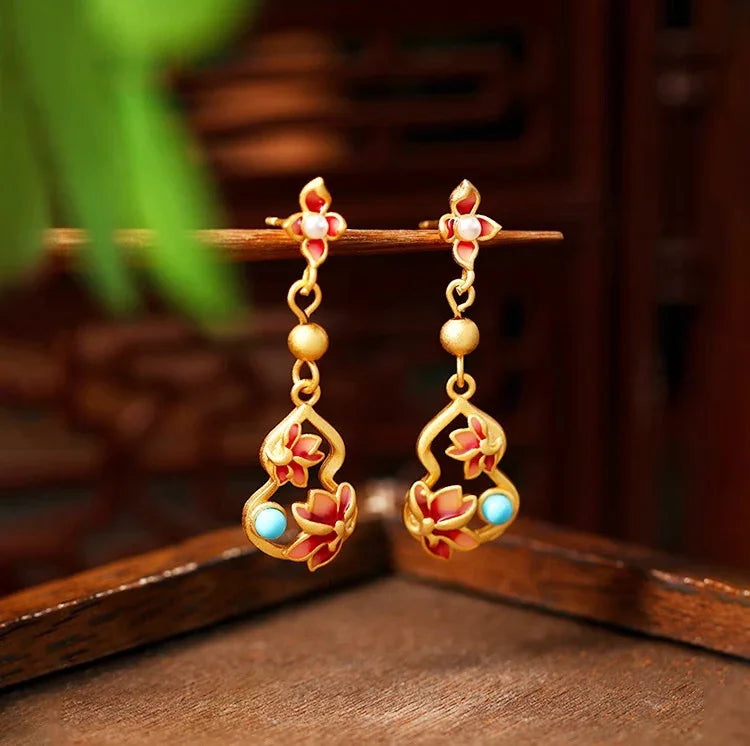 Handmade Cloisonné 925 Silver Gold-plated Gourd Earrings - Double Blessings of Fortune and Luck - EastBless