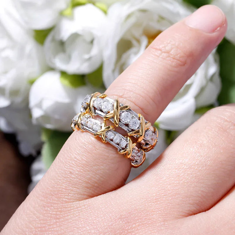 Sixteen Stone Ring Pure Silver Gold-Plated Artificial Diamond Rings - EastBless