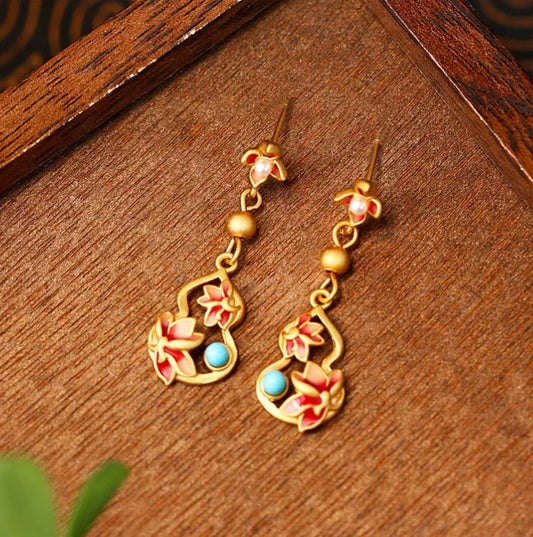 Handmade Cloisonné 925 Silver Gold-plated Gourd Earrings - Double Blessings of Fortune and Luck - EastBless