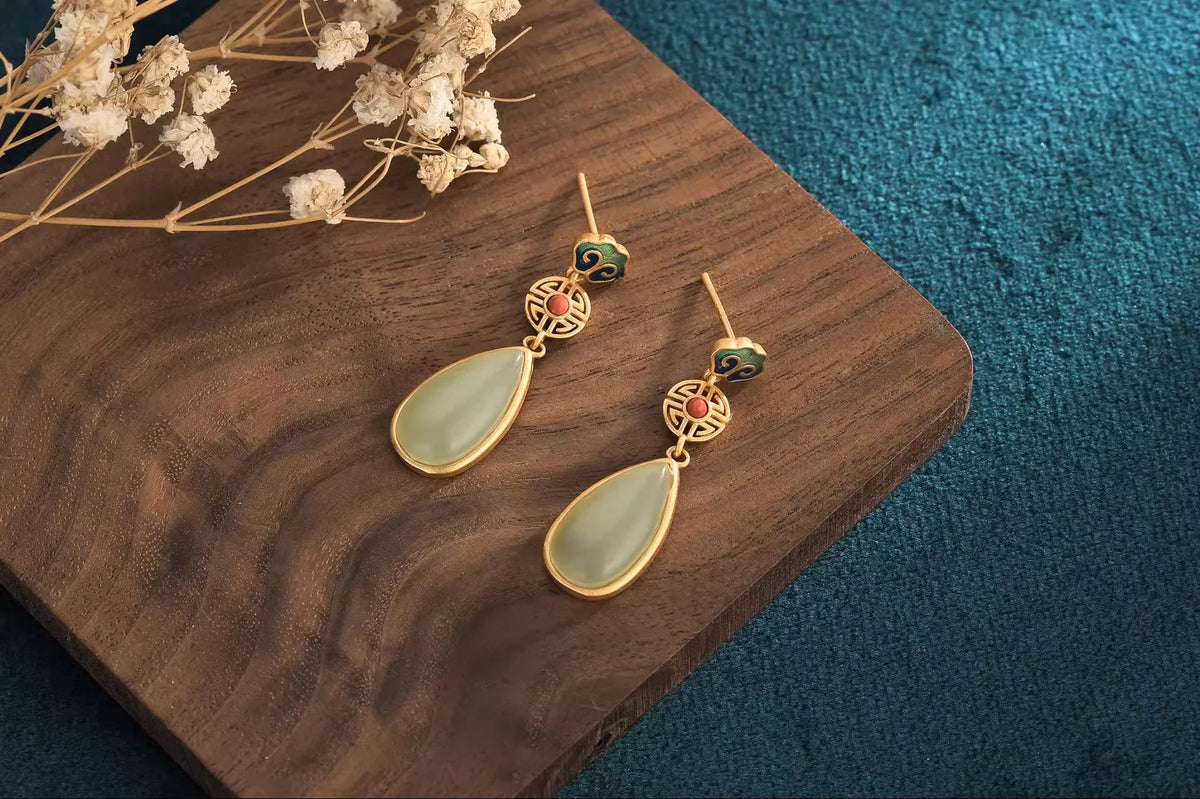 Buddhist Blessings Cloisonné Earrings - Cloud & Gem Gourd Charms - EastBless