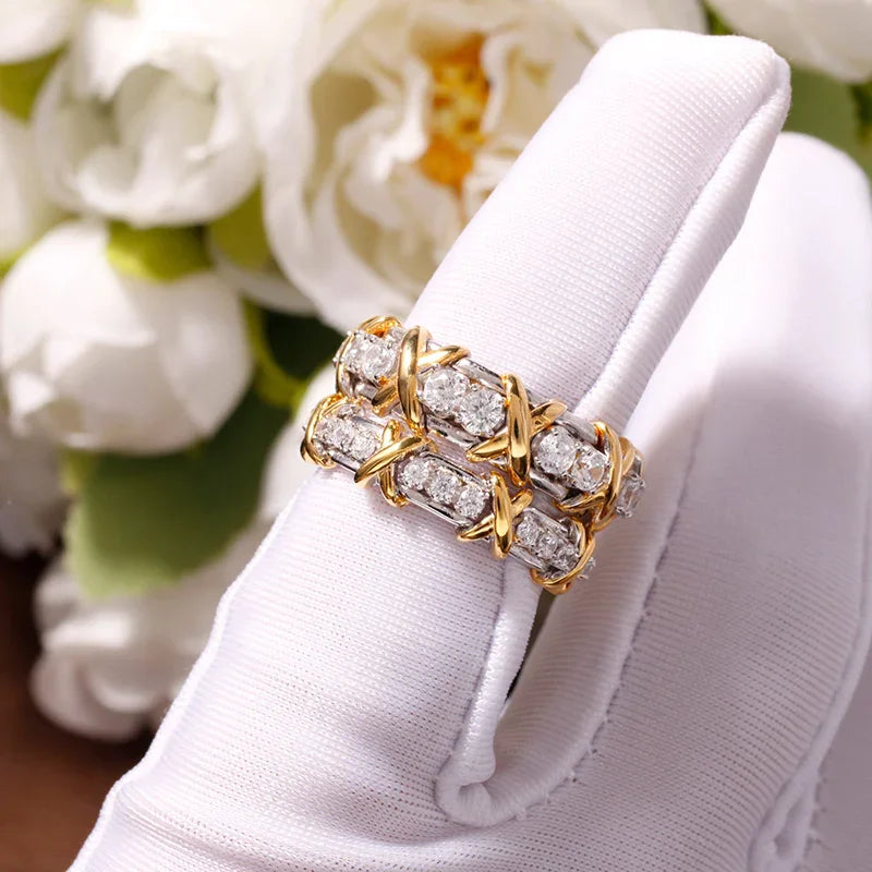 Sixteen Stone Ring Pure Silver Gold-Plated Artificial Diamond Rings - EastBless