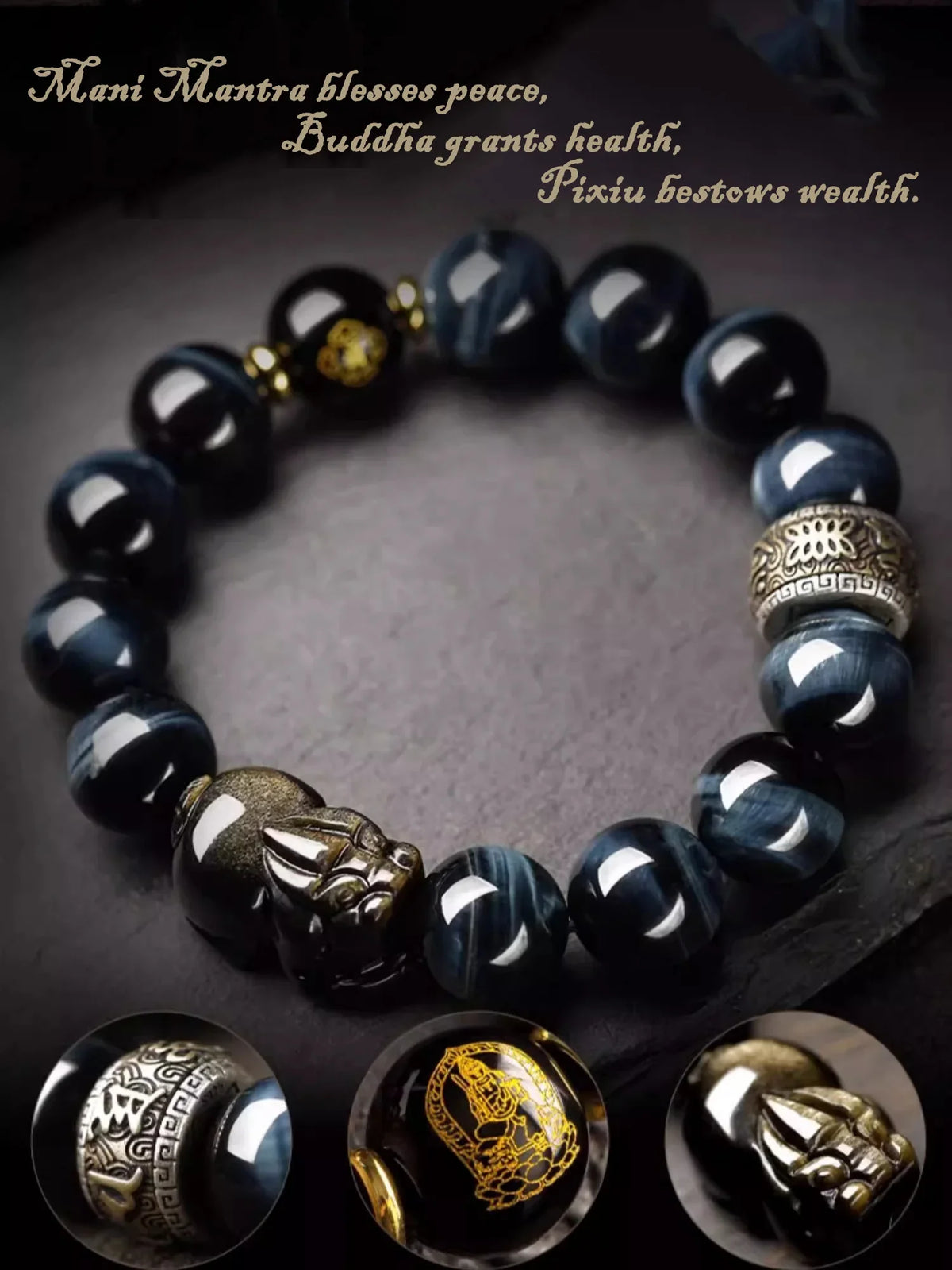 Feng Shui Blue Tiger's Eye Pixiu & Buddha Blessing Bracelet - EastBless