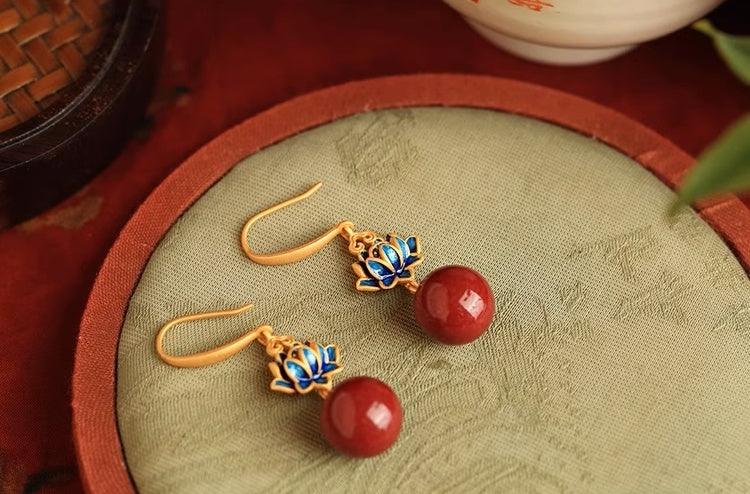 Buddha Lotus Zen Cinnabar Cloisonné Silver Earrings - EastBless