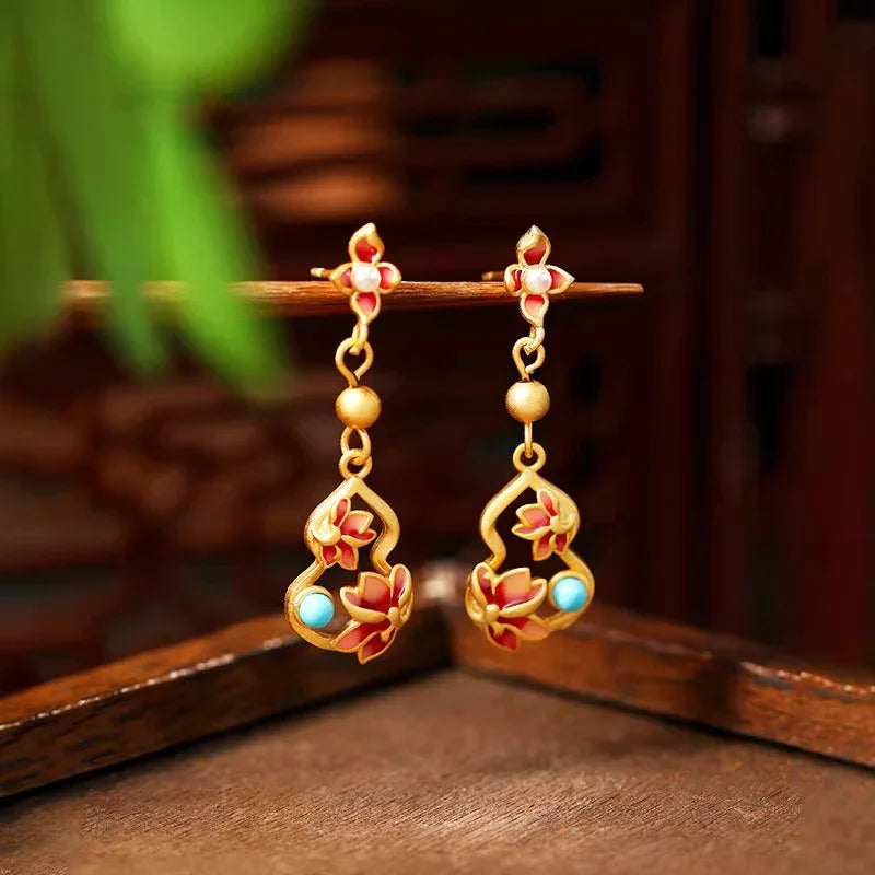 Handmade Cloisonné 925 Silver Gold-plated Gourd Earrings - Double Blessings of Fortune and Luck - EastBless