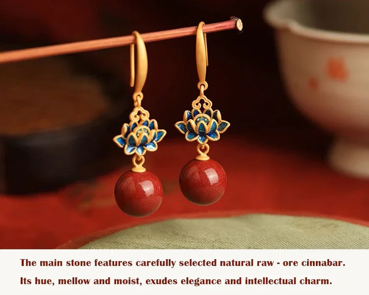 Buddha Lotus Zen Cinnabar Cloisonné Silver Earrings - EastBless