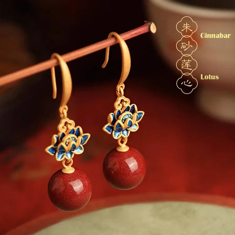 Buddha Lotus Zen Cinnabar Cloisonné Silver Earrings - EastBless