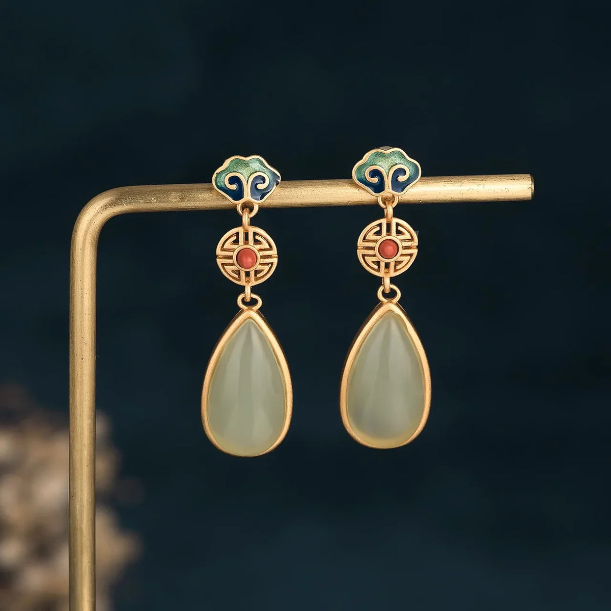 Buddhist Blessings Cloisonné Earrings - Cloud & Gem Gourd Charms - EastBless