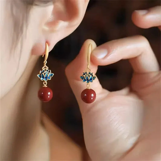 Buddha Lotus Zen Cinnabar Cloisonné Silver Earrings - EastBless