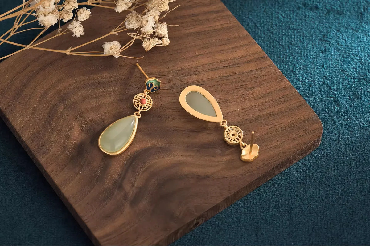 Buddhist Blessings Cloisonné Earrings - Cloud & Gem Gourd Charms - EastBless