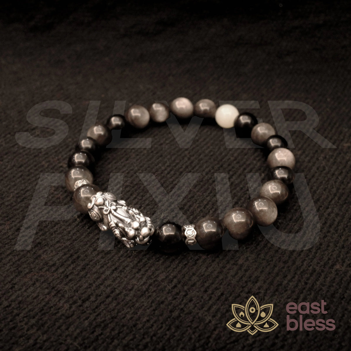 Sterling Silver Pi Xiu & Black Obsidian Wealth Bracelet - EastBless