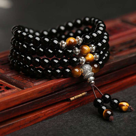 East Bless Black Obsidian Tiger Eye Blessing Mala Bracelet