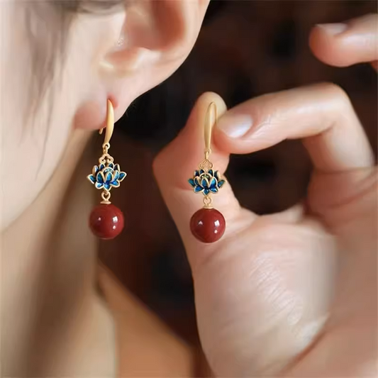 Buddha Lotus Zen Cinnabar Cloisonné Silver Earrings